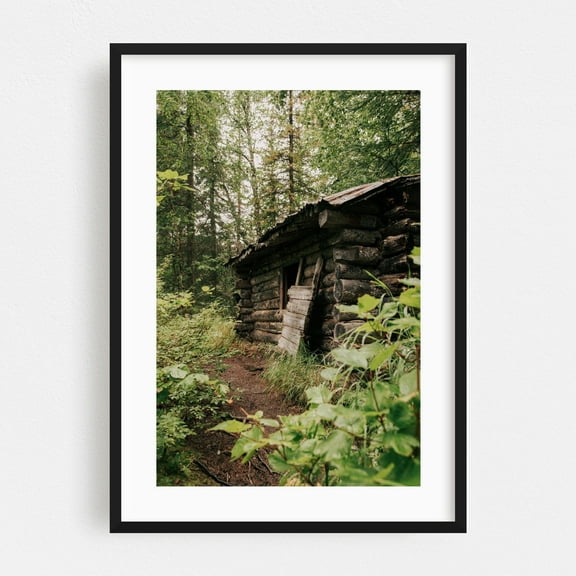 Forest Log Cabin - Alaska Photography Rustic Forest Woodland Nature Wilderness Rural Black Framed Wall Art Print 24 x 36 inches