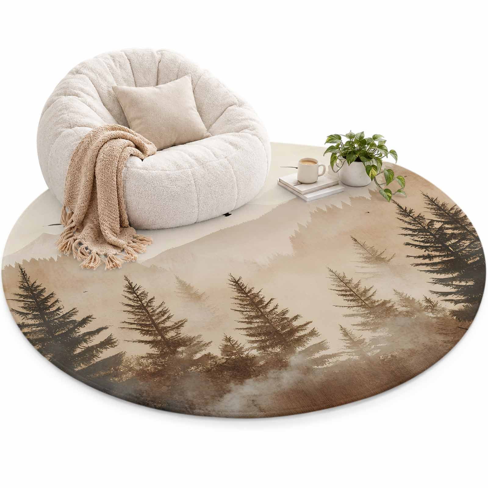 Forest Misty Foggy Tree Area Rug 4', Mountain Birds Brown Nature ...