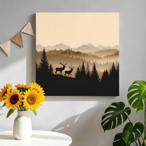 Forest Misty Foggy Tree Canvas Wall Art, Mountain Deer Brown Nature Scenery Framed Canvas Wall Decor Picture Print Artwork Decorations for Living Room Office Ready to Hang 8" x 8"