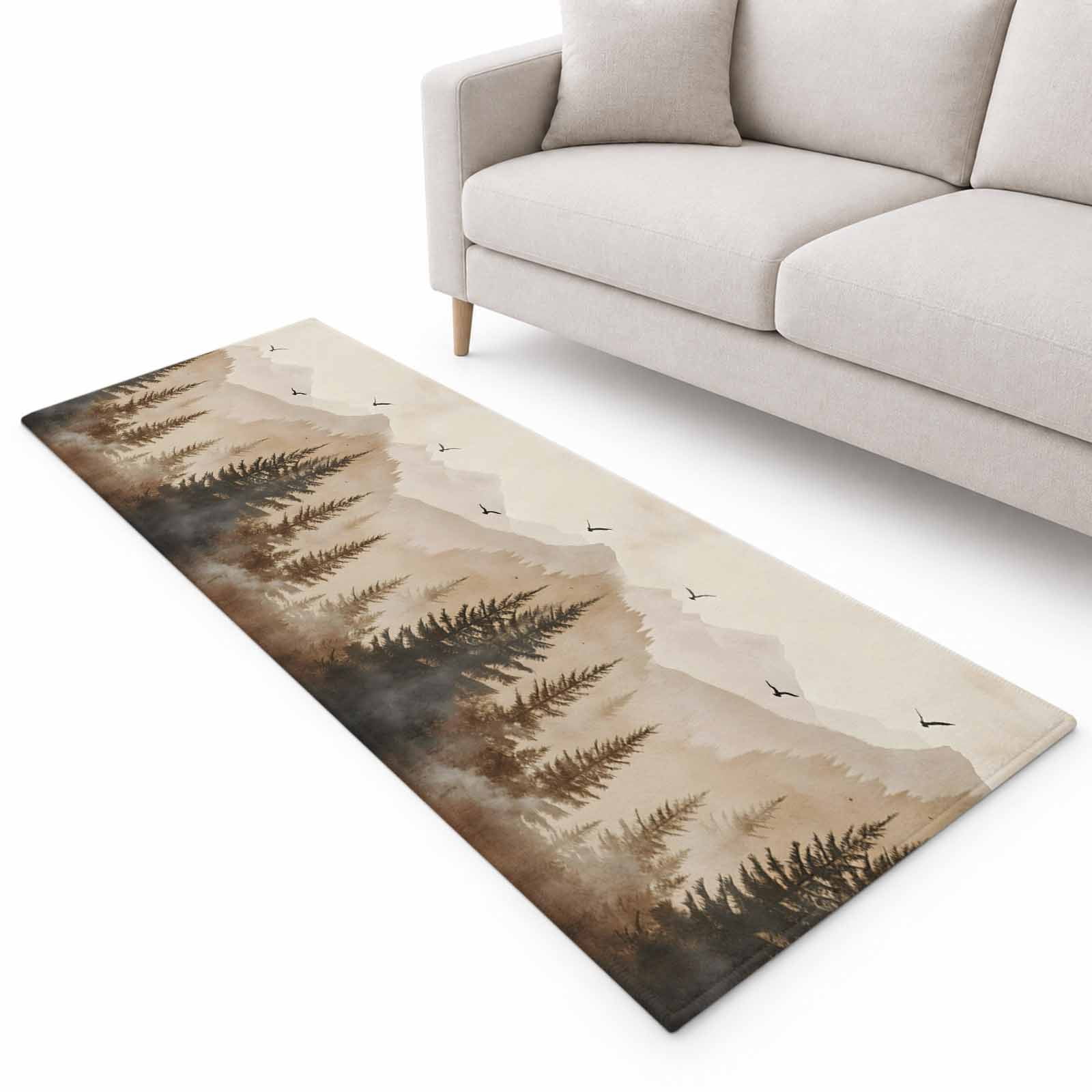 Forest Misty Foggy Tree Runner Rug 2.6'x10', Mountain Birds Brown ...