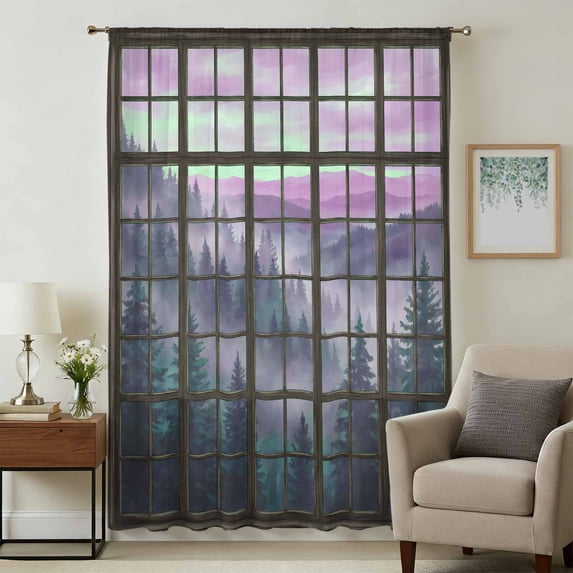 Forest Misty Purple Sheer Curtains 108 Inches Extra Long, Vintage Window Plaid Light Filering Curtains, Privacy Drapes Simi Floor to Veiling Curtain for Living Room Bedroom Large Window Treatment