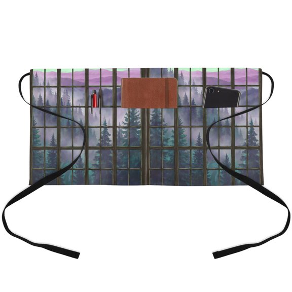 Forest Misty Purple Waitress Apron with 3 Pockets, Vintage Window Plaid Server Aprons Waterproof Kitchen Restaurant Half Waist Apron for Men Women