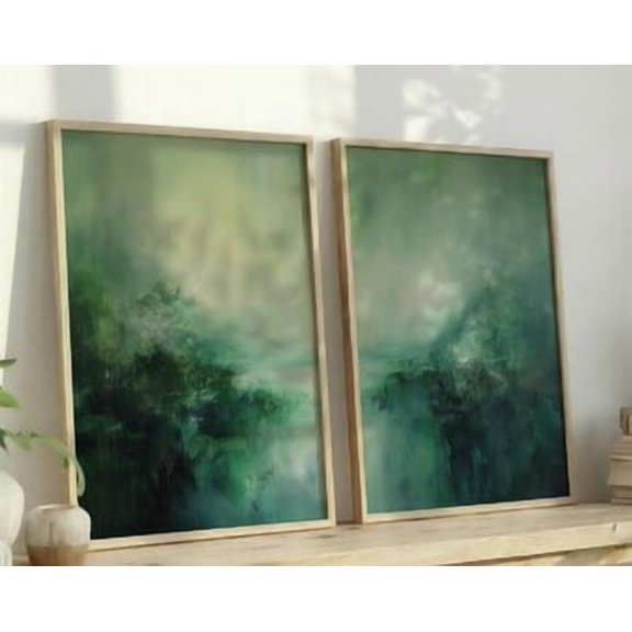 Forest Moody Abstract Deep Emerald Mist Fluid Texture Ethereal Organic Nature Poster, Set 2, Poster Only