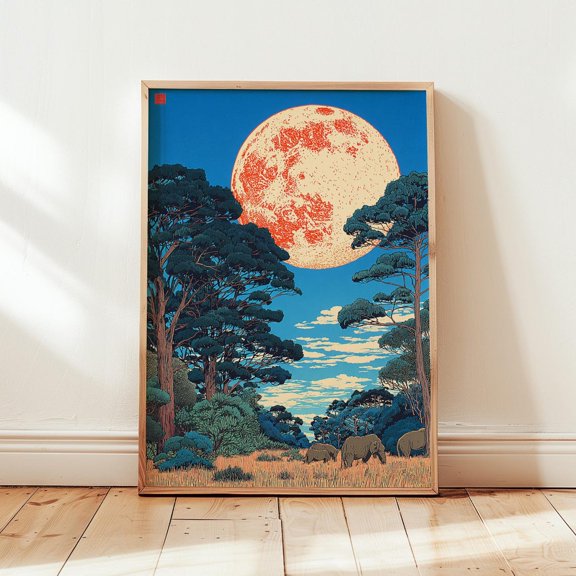 Forest Moon Wall Art Japanese Landscape Decor Night Nature Artwork Living Room Bedroom Office