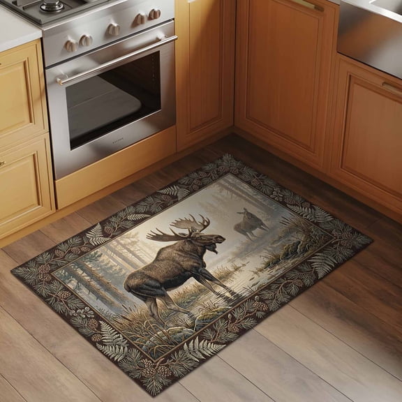 Forest Moose 2x3 Rug for Entryway Front Door Kitchen Sink Area, Country Jungle Animal Tree Leaf Flowers Landscape Low Pile Washable Non Slip Rectangle Area Rug
