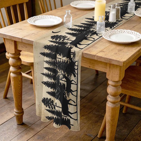 Forest Moose 4.5ft Cheesecloth Table Runner for Wedding 19"x55", Wilderness Deer Fox Pine Moon Silhouette Style Rustic Kitchen Dinner Sheer Tulle Chiffon Dresser Scarf, Holiday Party Decorations