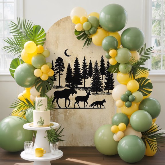 Forest Moose Arch Backdrop Cover, 4FT, Wilderness Deer Fox Pine Moon Silhouette Style Rustic Spandex Arch Covers Double-Sided Backdrop for Wedding Birthday Party Photo Background Decoration