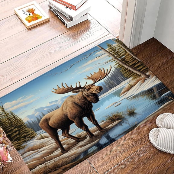 Forest Moose Bathroom Rug Rustic Cabin Wildlife Elk Deer Nature Scene Bath Mat 16x24 Inch