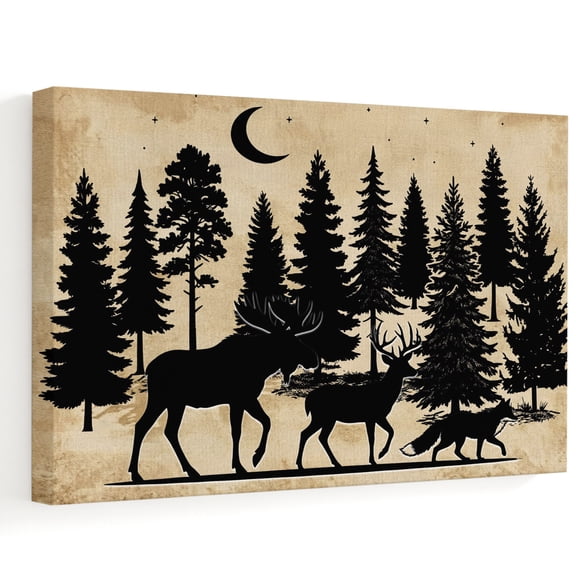 Forest Moose Canvas Wall Art, Wilderness Deer Fox Pine Moon Silhouette Style Rustic Wall Art Prints Artwork Framed Canvas Ready to Hang Art Pictures for Bathroom, Dressing Table, Entryway 12" x 8"