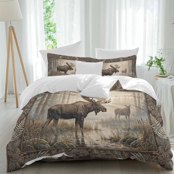Forest Moose Comforter Set Twin Size, Country Jungle Animal Tree Leaf Flowers Landscape Soft Bedding Set for Man Woman, 4 Pieces Duvet Cover Set with Fitted Sheet, 2 Pillowcases