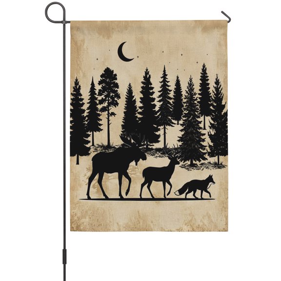 Forest Moose Garden Flag 12 x 18 Inches, Wilderness Deer Fox Pine Moon Silhouette Style Rustic Weather Proof Outdoor Patio Flags Double Sided Small Garden Decoration for Yard Outside Home