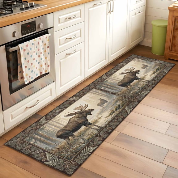 Forest Moose Hallway Washable Runner Rug 2x6 Country Jungle Animal Tree Leaf Flowers Landscape Kitchen Runner Mat with Non Slip Backing Low Pile Thin Floor Carpet for Indoor Bedroom Living Room