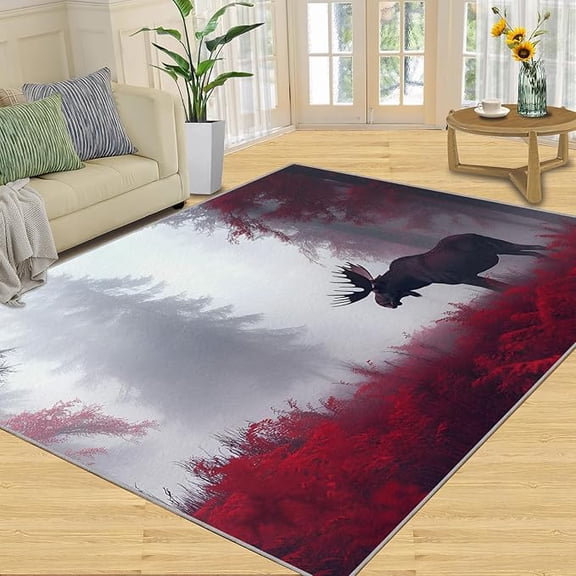 Forest Moose Rug, Red Maple Leaves Area Rugs for Living Room Bedroom, Autumn Forest Rugs, Misty Forest Washable Carpet, Wildlife Carpet, Moose Home Decor & Gifts 2 x 3ft