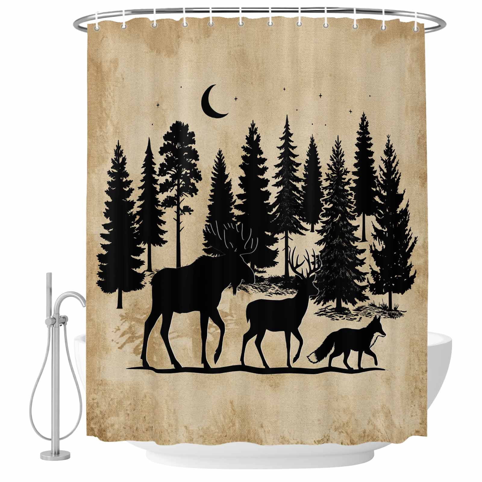 Forest Moose Shower Curtain for Bathroom, Wilderness Deer Fox Pine Moon ...
