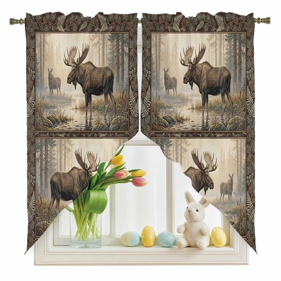 Forest Moose Swag Kitchen Curtain Valances, Country Jungle Animal Tree Leaf Flowers Landscape Rod Pocket Curtains Window Treatment Decor Valances for Bedroom Bathroom, 2 Panels 36 x 36 Inch