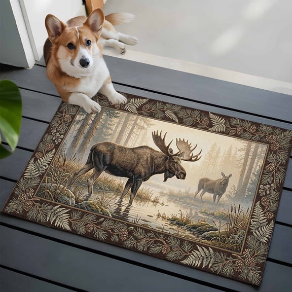 Forest Moose Washable Entry Rug 2x3 Country Jungle Animal Tree Leaf Flowers Landscape Low Pile Indoor Door Mat with Rubber Backing Thin Area Rug for for Entrance, Bedroom, Kitchen, Laundry, Bathroom