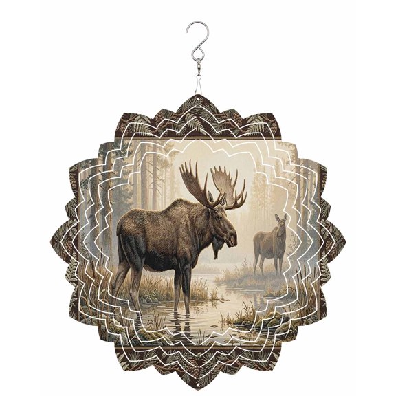 Forest Moose Wind Spinner for Garden Yard 8In, Country Jungle Animal Tree Leaf Flowers Landscape 3D Stainless Steel Kinetic Hanging Wind Spinners Rustproof Outdoor Decor for Lawn Patio Home
