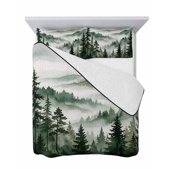 Forest Mountain 3 Piece Quilt Set Queen Size, Misty Watercolor Green Trees Mountains Cloud Soft Bedspread Coverlet Bedding Set Microfiber Lightweight Comforter Set with 2 Pillowcases for Bedroom