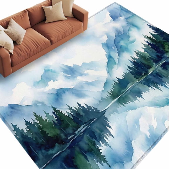 Forest Mountain Area Rug 5x7 Washable Rug Non Slip Watercolor Natural Trees Lake Landscape Large Area Rug Soft Stainresistant Indoor Carpet for Living Room Bedroom Home Office Dining Room Nursery