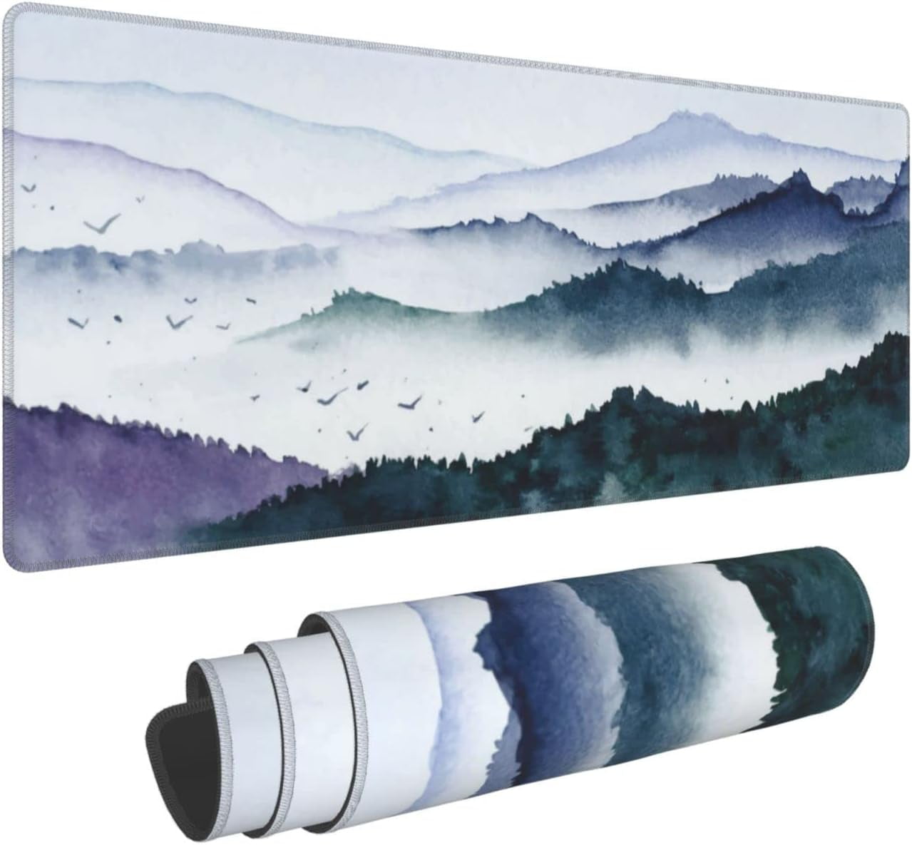 Forest Mountain Bird Fog Landscape Mouse Pad Long Extended XL Mousepad Desk Pad Gaming Pc Desktop Large Rubber Mice Pads Stitched Edges 31.5'' X 11.8''