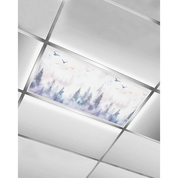 Forest Mountain Fluorescent Light Covers for Ceiling Lights 4x2 feet,1 Pack Magnetic Light Filters for Classroom,Nature Tree Scenery Sky Birds Fluorescent Light Shade Panel for Office School Drop