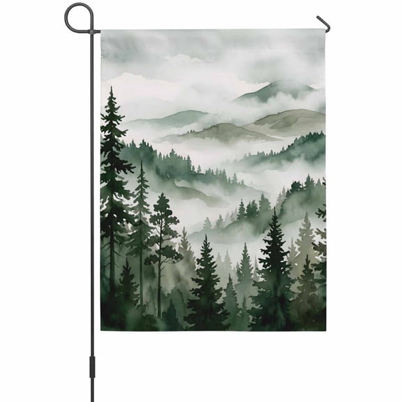 Forest Mountain Garden Flag 12 x 18 Inches, Misty Watercolor Green Trees Mountains Cloud Weather Proof Outdoor Patio Flags Double Sided Small Garden Decoration for Yard Outside Home
