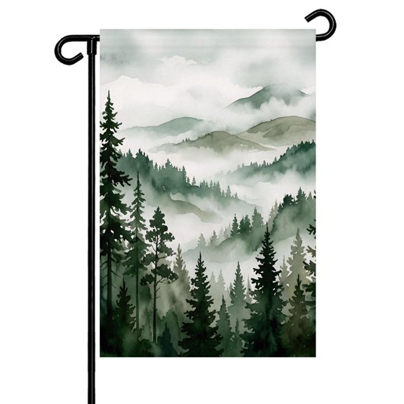 Forest Mountain Garden Flag 12x18 Inch Misty Watercolor Green Trees Mountains Cloud Double Sided Small Decorative Garden Flags for Outside, Outdoor Yard Porch Lawn Decoration