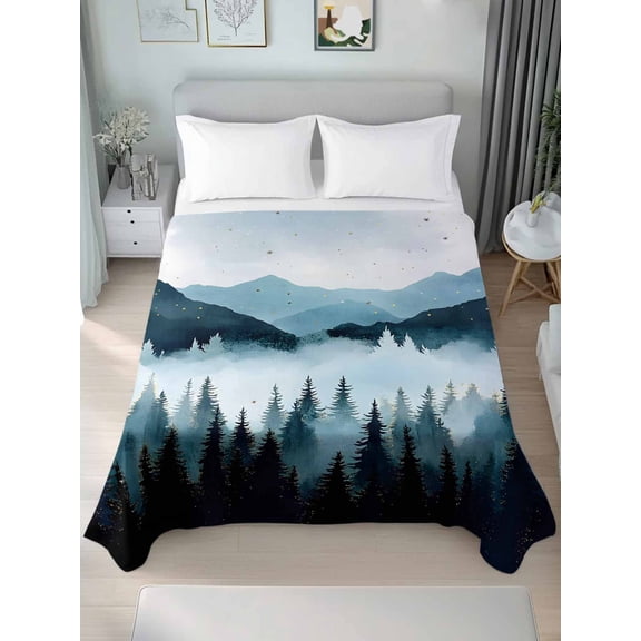 Forest Mountain King Size Flat Sheet, Wrinkleproof & Fadeproof Cooling Flat Bed Sheet Only, Vintage Peak Nature Sky Star Landscape Breathable Soft Bedding Top Sheets 105 x 98 Inches