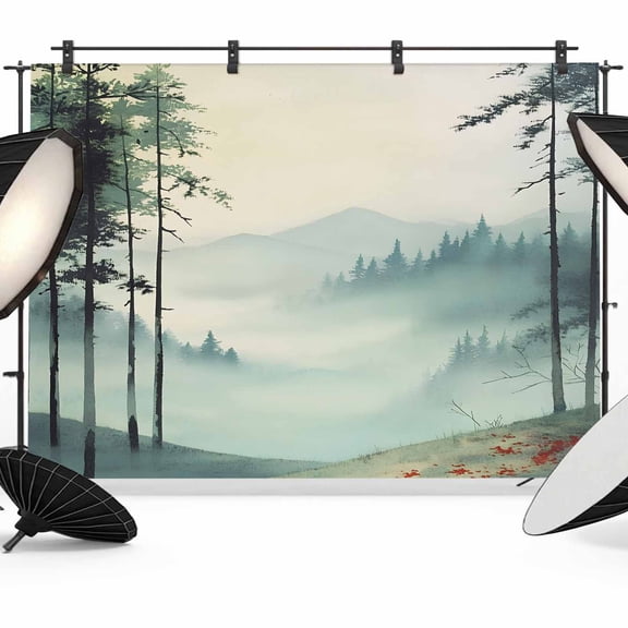 Forest Mountain Landscape Backdrop for Photography, Foggy Retro Watercolor Photo Backdrop Portrait Background Party Banner Photo Backgrounds for Studio Booth Props, 7x5ft