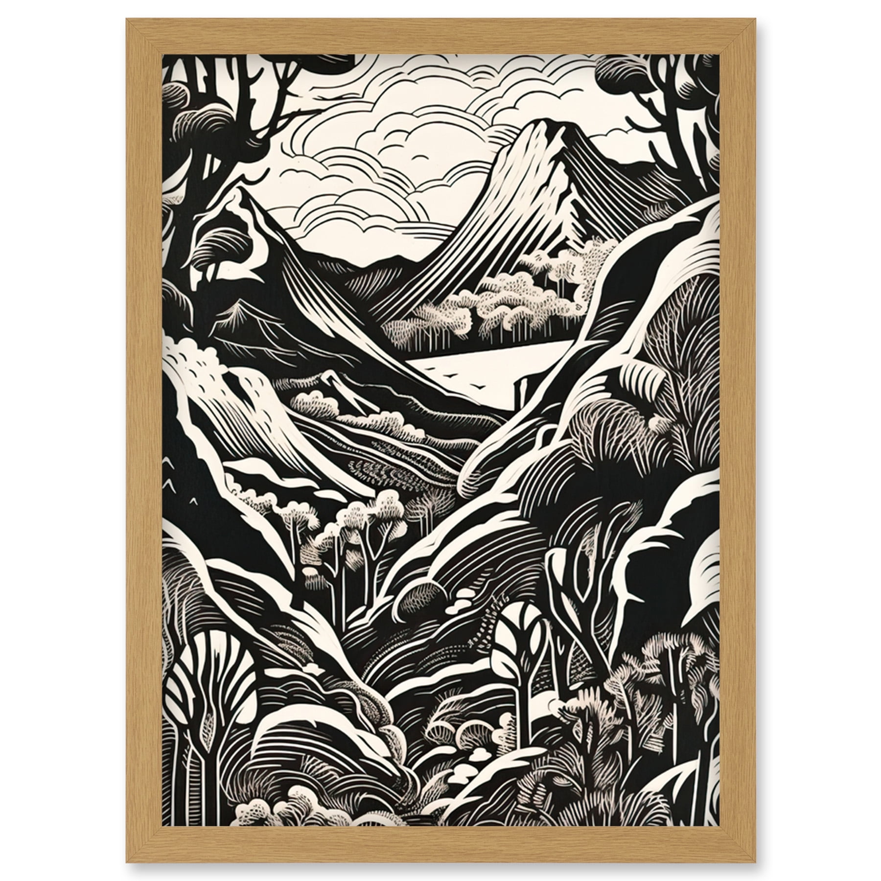 Forest Mountain Landscape Black and White Linocut Artwork Framed Wall Art  Print A4