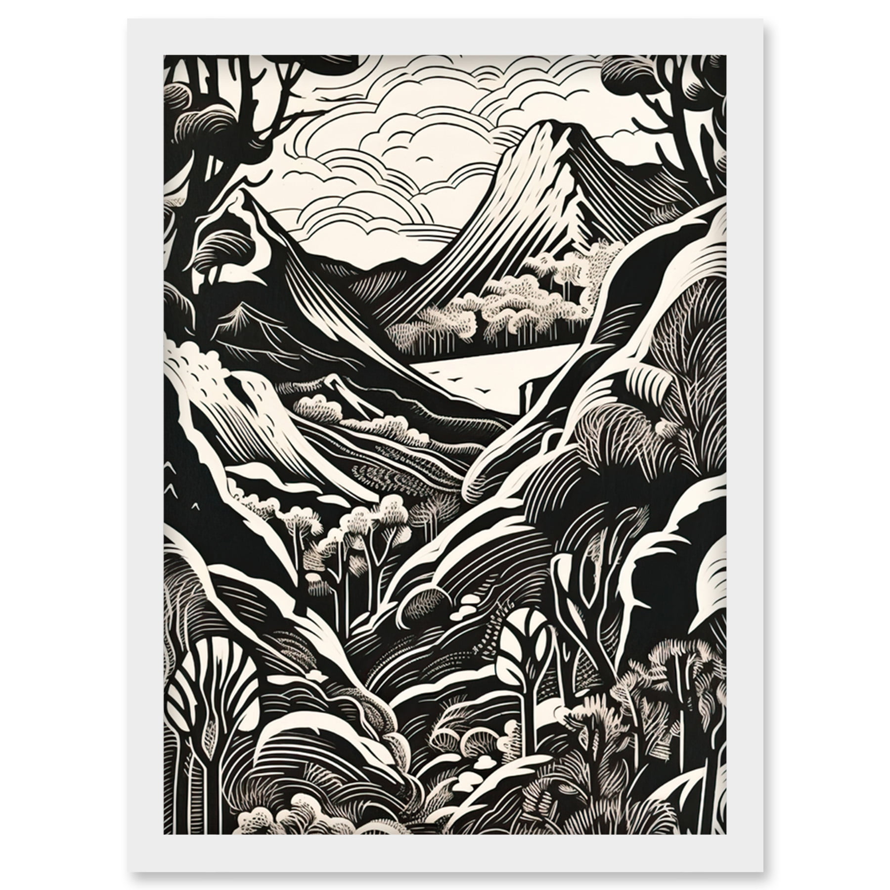 Forest Mountain Landscape Black and White Linocut Artwork Framed Wall Art  Print A4 