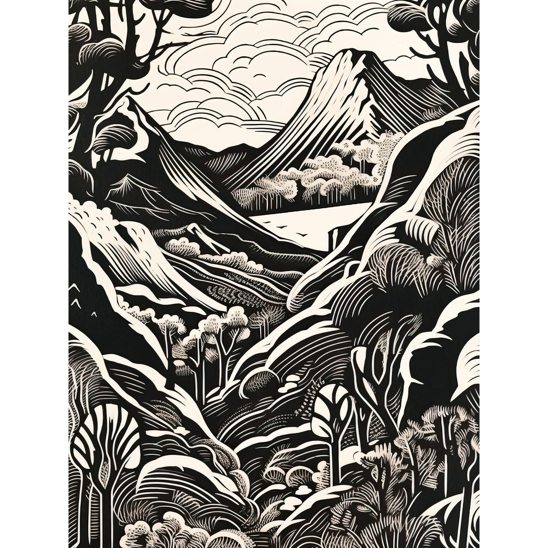 Forest Mountain Landscape Black and White Linocut Extra Large XL Wall ...