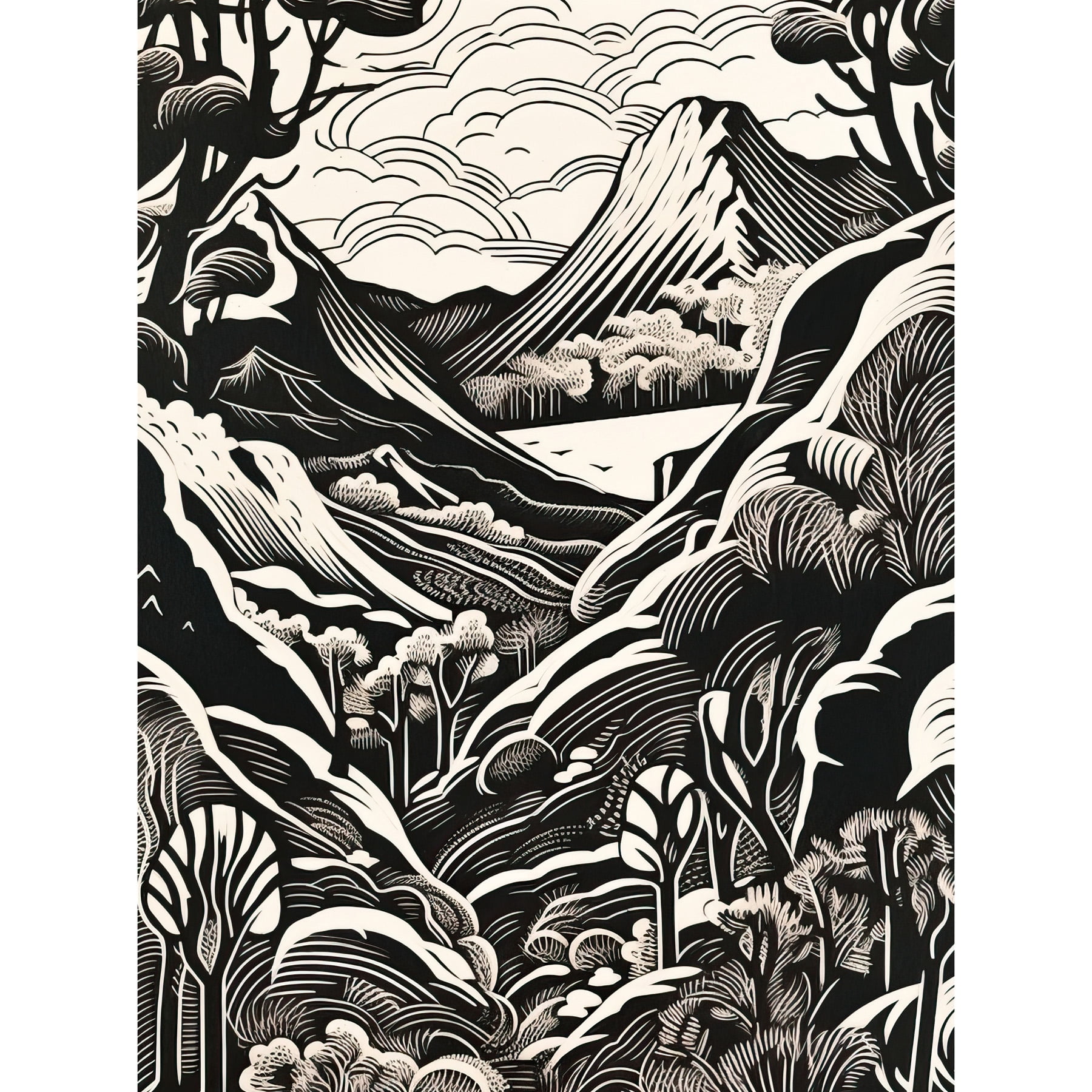 Forest Mountain Landscape Black and White Linocut Unframed Wall Art ...