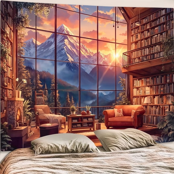 Forest Mountain Library Tapestry Fantasy Bookshelf Tapestries Wall Hanging Watercolor Nature Fairy Sunset Library Backdrop Extra Large Tapestry for Bedroom Dorm Room Classroom 90 x 68 inch