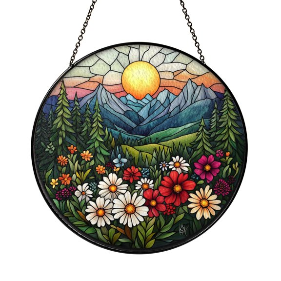 Forest Mountain Meadow Scene Glass Suncatcher Window Decor Featuring Open Meadow Forest Trees and Distant Mountains Decorative Glass Art for Home Interior Window Display