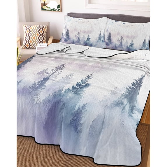 Forest Mountain Queen Size Down Alternative Comforter, Lightweight Comforter Quilt Bedding Set with Pillow Shams Nature Tree Scenery Sky Birds All Seasons Bed Comforter Duvet Insert 90"x96"