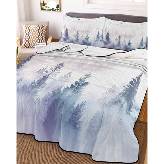 Forest Mountain Queen Size Down Alternative Comforter, Lightweight Comforter Quilt Bedding Set with Pillow Shams Nature Tree Scenery Sky Birds All Seasons Bed Comforter Duvet Insert 90"x96"