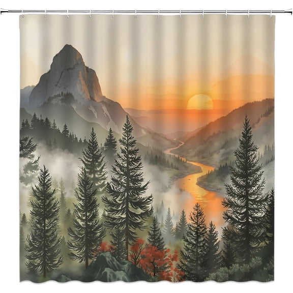 Forest Mountain Shower Curtain,Vintage Green Scenery Nature Lake Sunset Landscape Farbic Bathroom Decor with Hook-72"W x 72"L (Pack of 1)