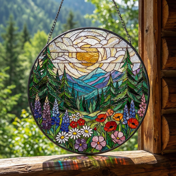 Forest Mountain Stained Glass Suncatcher Window Hanging, Nature Landscape Sun Catcher Decor