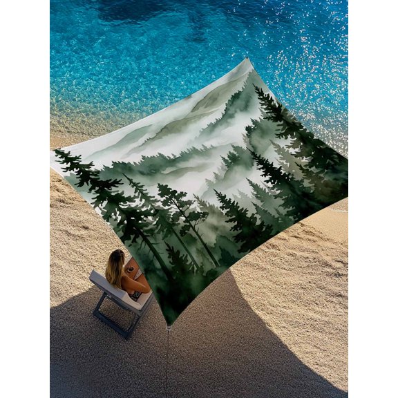 Forest Mountain Sun Shade Sail 6.5' x 10', Misty Watercolor Green Trees Mountains Cloud Rectangle Outdoor Sunshade Canopy, Waterproof UV Block Patio Covers for Garden Yard Beach