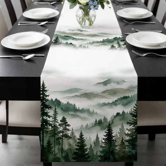 Forest Mountain Table Runner, Misty Watercolor Green Trees Mountains Cloud Washable Cotton-linen Table Runners Dining Kitchen Decoration for Everyday Home Wedding Party Decor, 13 x 72 Inch