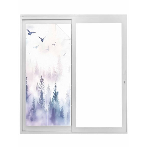 Forest Mountain Window Privacy Film, Nature Tree Scenery Sky Birds Static Cling UV Sun Blocking Tint Film Heat Control Windows Films for Bedroom Bathroom, Window Stickers 17.7"x39.3"