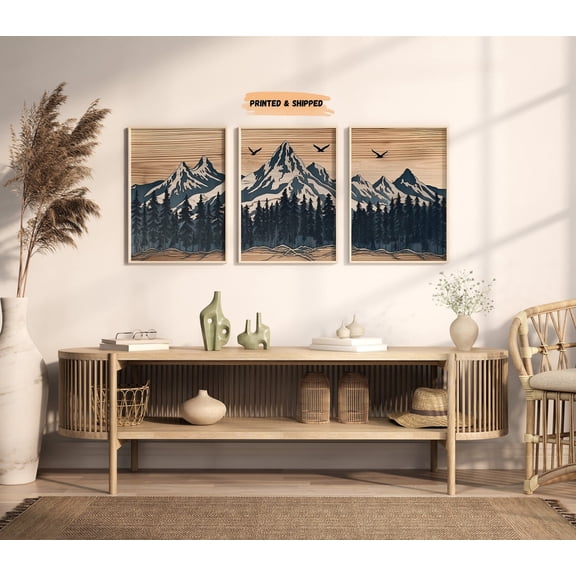Forest Mountain Wood Panel Wall Art Set 3 Unframed Paper Print 8x12