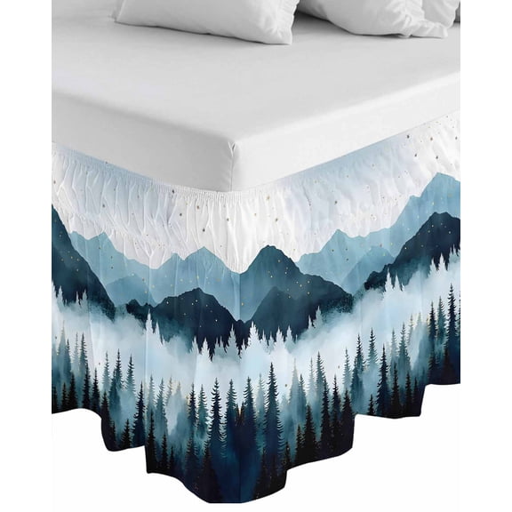 Forest Mountain Wrap Around Bed Skirts for California King Bed 16" Drop,Bed Skirt with Adjustable Elastic Belt Dust Ruffle Bed Valance Vintage Peak Nature Sky Star Landscape Bed Frame Cover