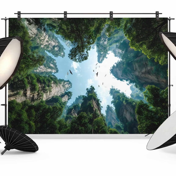 Forest Mountains Backdrop for Photography, Natural Landscape Trees Shrubs Clouds Sky Photo Backdrop Portrait Background Party Banner Photo Backgrounds for Studio Booth Props, 7x5ft