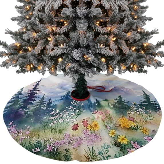 Forest Mountains Christmas Tree Skirt 36 Inches, Watercolor Natural Flower Tree Xmas Trees Skirt Mat Cover Decorations for Holiday Party Indoor Outdoor