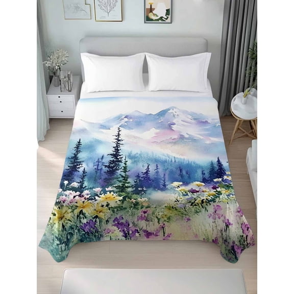 Forest Mountains King Size Flat Sheet, Wrinkleproof & Fadeproof Cooling Flat Bed Sheet Only, Oil Painting Flower Pine Trees Breathable Soft Bedding Top Sheets 105 x 98 Inches