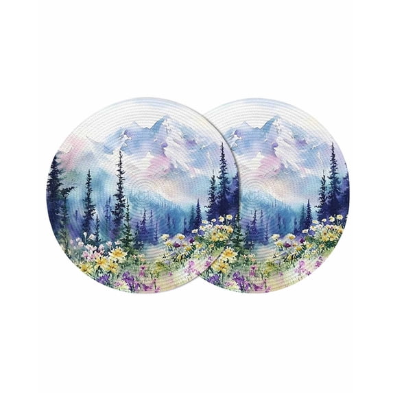 Forest Mountains Round Placemats Set of 2 for Dinning Tables,Heat-proof Braided Table Mats 15 Inch,Oil Painting Flower Pine Trees Washable Place Mat for Kitchen Restaurant Party Decor Table Setting
