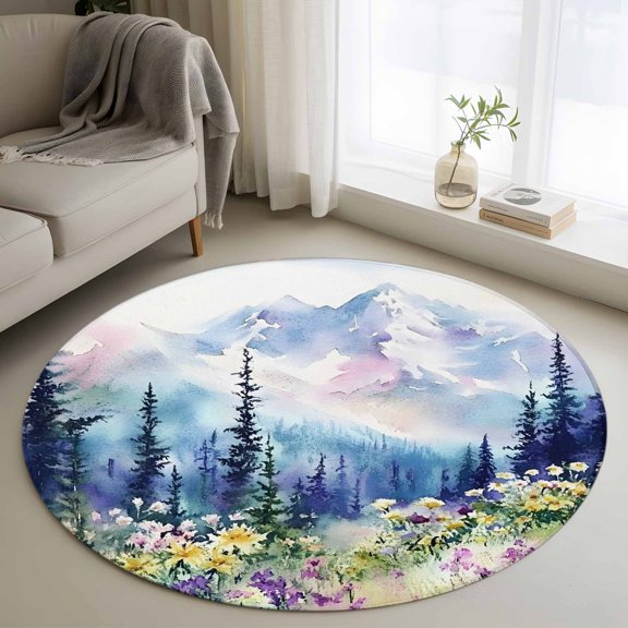 Forest Mountains Round Rug 3ft Washable Circle Entryway Rugs Non Slip Oil Painting Flower Pine Trees Area Rug Indoor Floor Carpet for Bedroom Kitchen Living Room Home Office Dining Room Nursery