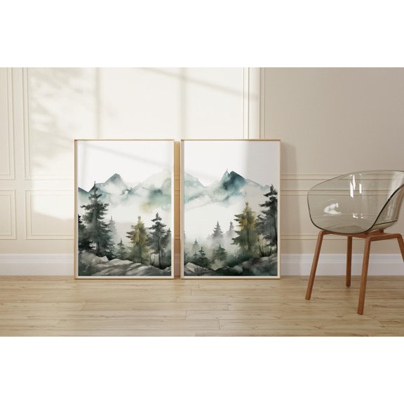 Forest Mountains Sage Green Nature Collection Decorative Interior Home Wall Art Poster